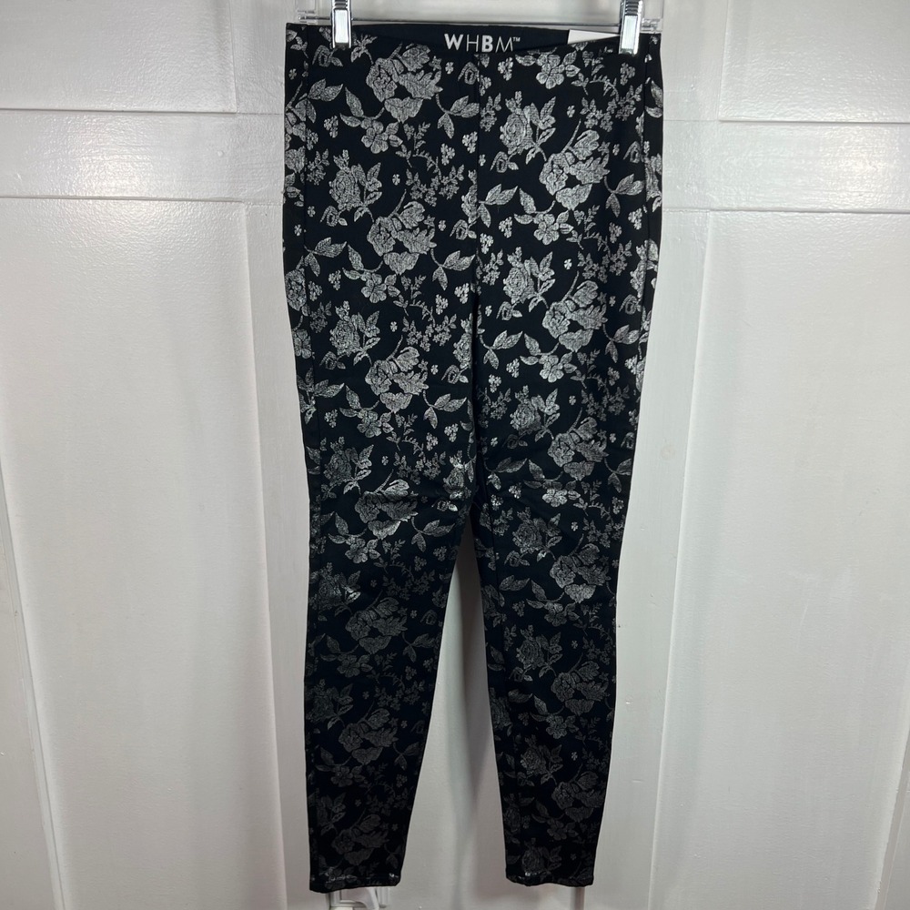 White House Black Market High Rise Legging Silver Roses Foil Floral 4 570316123